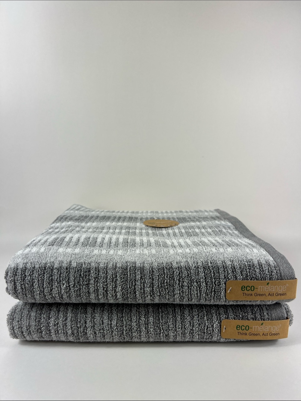 Eco-Mélange Bath Towels Gray White Striped Ribbed Soft Cotton Set of 2 NEW